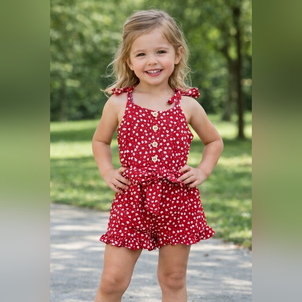 Bailey's Blossoms Red and White Heart Print Romper with Ruffled Details